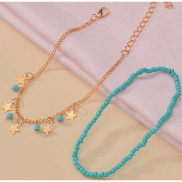 1 LEFT! 2 Piece Turquoise & Gold Beaded Star Charm Ankle Bracelet - Picture 3 of 4